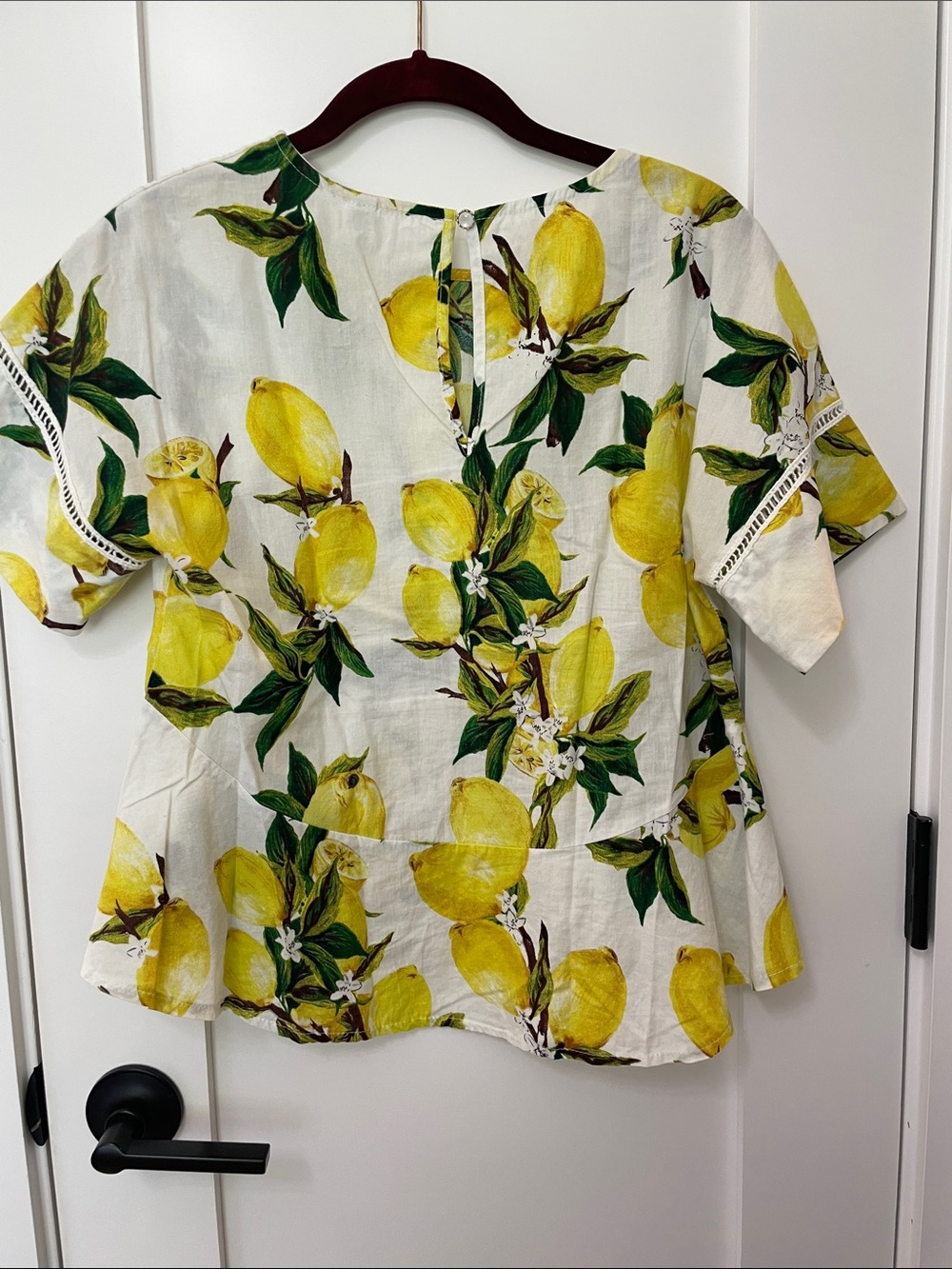 Linen-Blend Lemon Print Peplum Top - Yellow - Picture 5 of 6